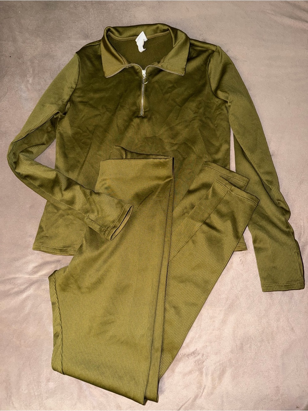 H&M Olive Green Ribbed Half-Zip Lounge Set